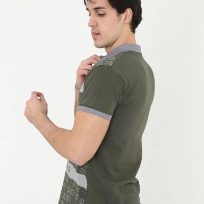 Erkek Polo Yaka tişört Slim Fit Baskılı Kısa kol T-Shirt - Haki